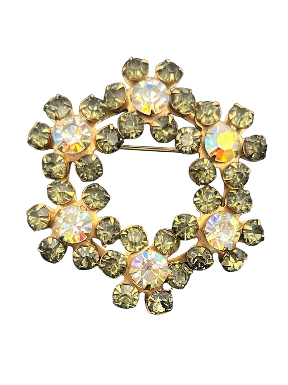 Grey aurora borealis rhinestone flower cluster wreath vintage brooch pin rivets